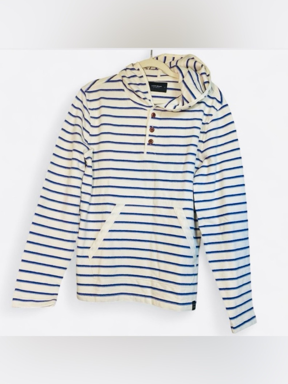 Lucky Brand Cream and Blue Striped Crewneck Hoodie Sweater